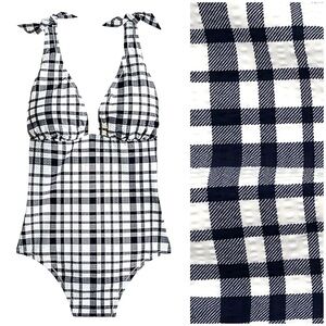 NEW J. Crew Tie-shoulder One-piece Swimsuit Navy White Marine Plaid Seersucker 6